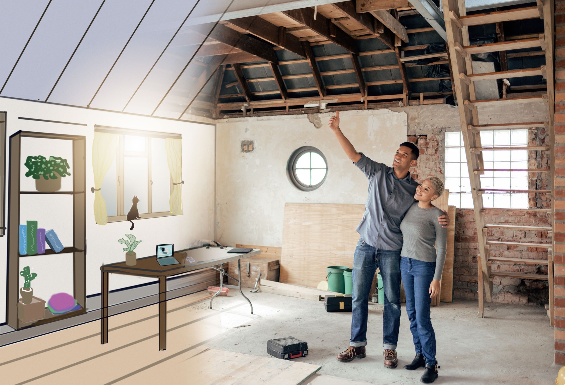 Paar, neues Haus und Renovierung mit Innenarchitektur Illustration sprechen, Zukunft planen und träumen, Wohnzimmer umzugestalten. Mann und Frau bewegen sich und denken über Vision und Idee für das erste Zuhause nach
